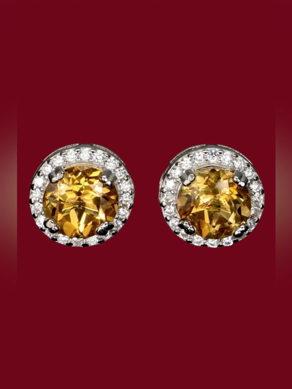 925 Sterling Silver Stud Earrings with Natural Citrine 6mm Gem and CZ